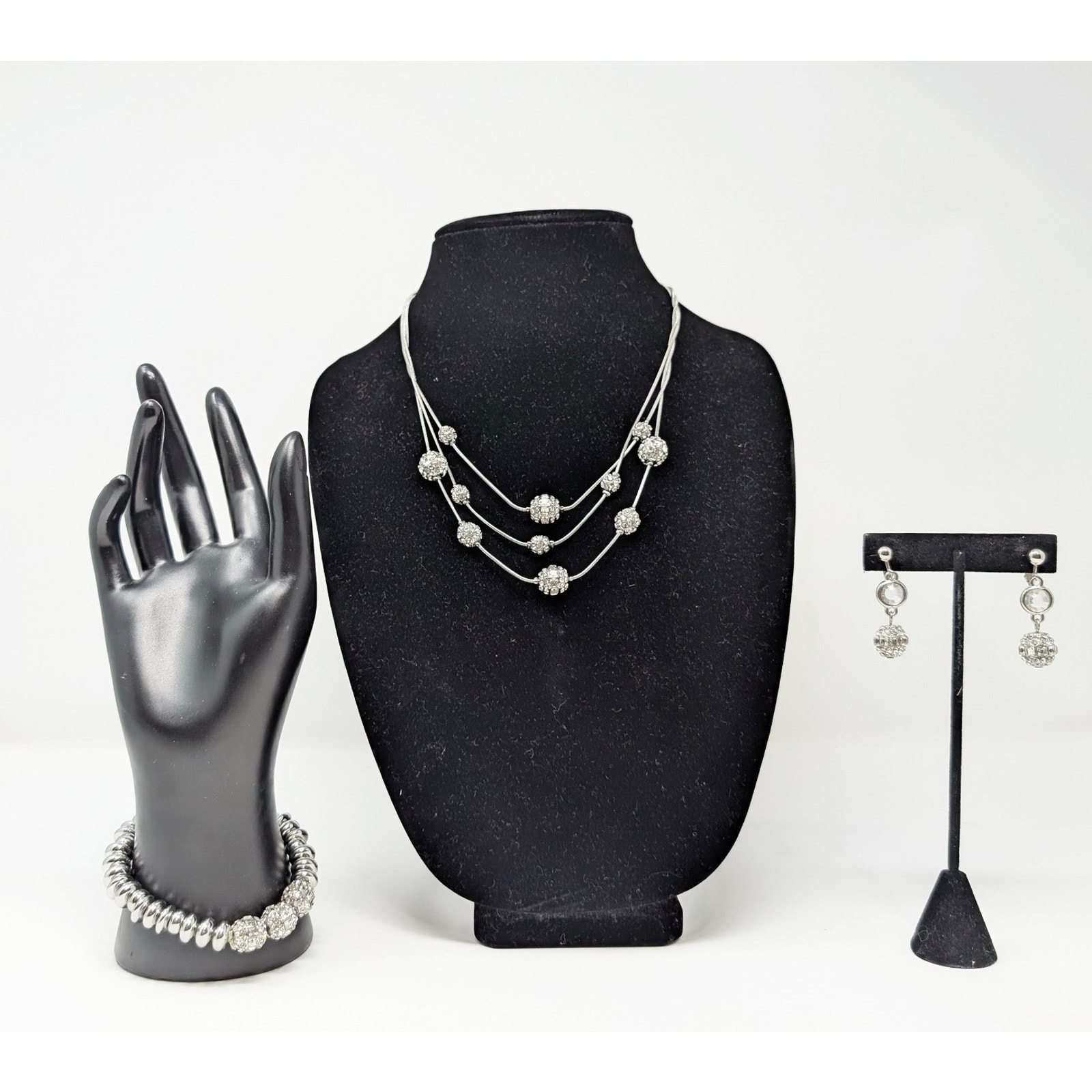 Chicos Set Silver Tone Rhinestone Pave Style Layered Necklace Earrings Bracelet 40$